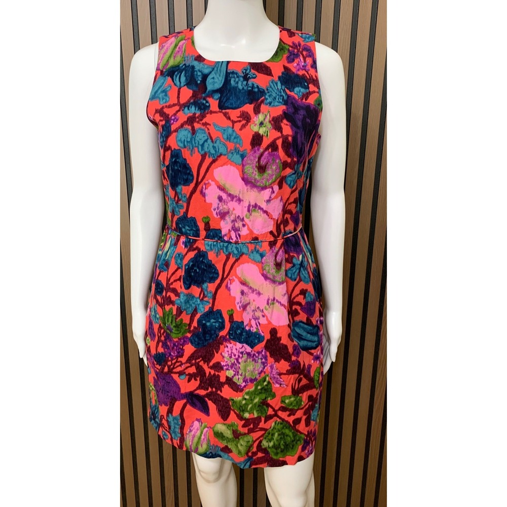 J.Crew Women's Floral Cotton Sleeveless Shift Dress Coral Pink Blue 4 Classic